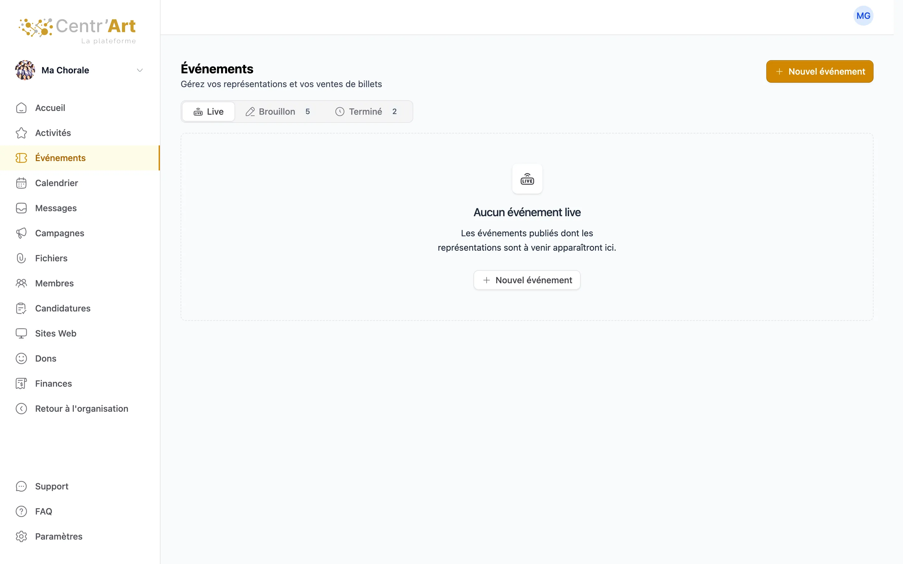 Le menu Événements et le bouton Nouvel événement