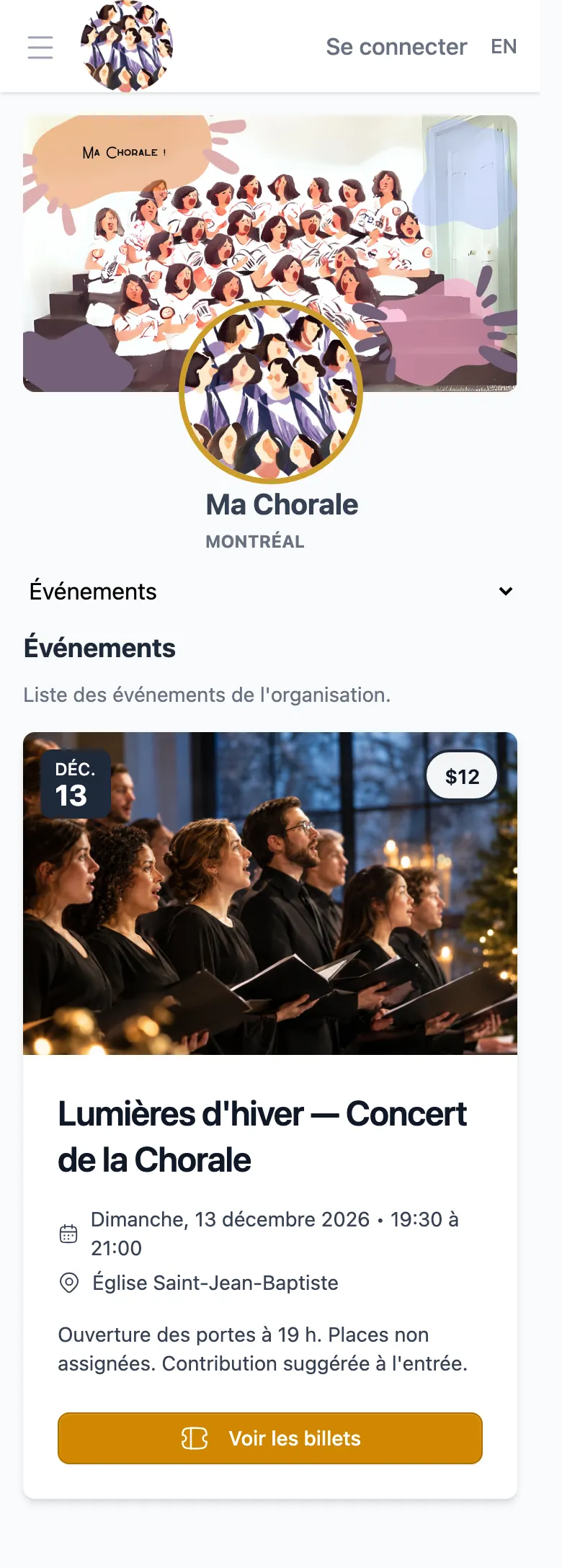 La page des événements sur un téléphone