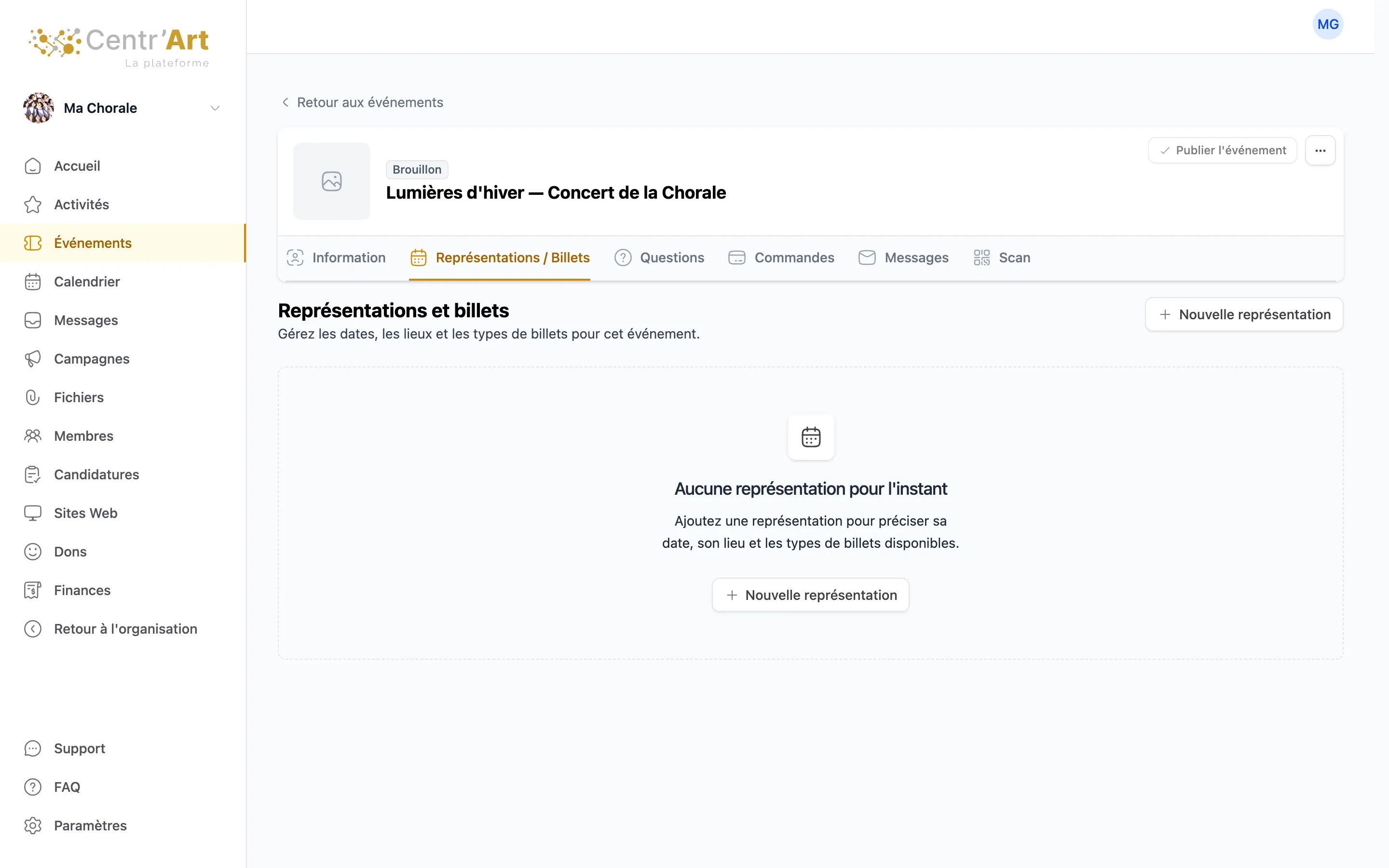 L’onglet Représentations / Billets et le bouton Nouvelle représentation