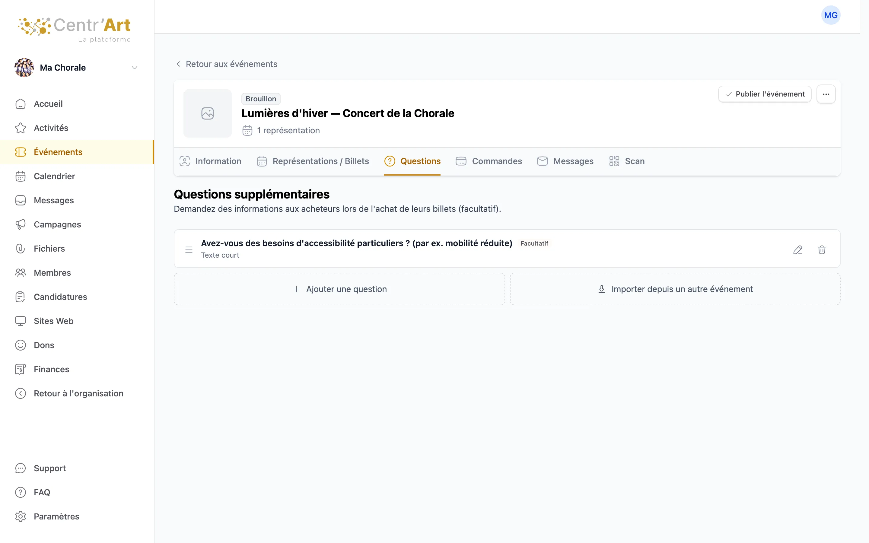 La question sur l’accessibilité, dans l’onglet Questions de l’événement