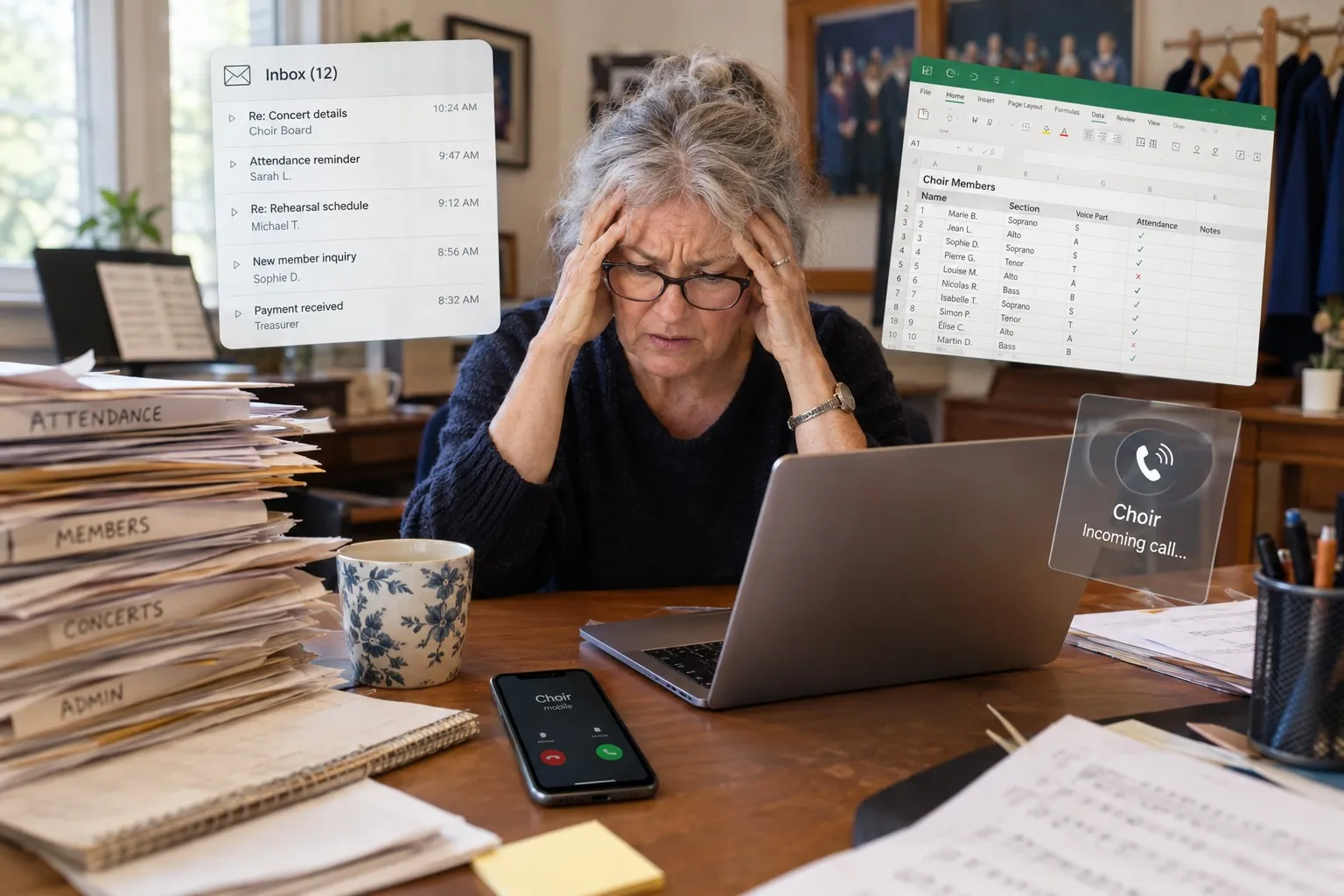 Une gestionnaire de chorale débordée, entourée de courriels, d’un fichier Excel de membres et de piles de dossiers